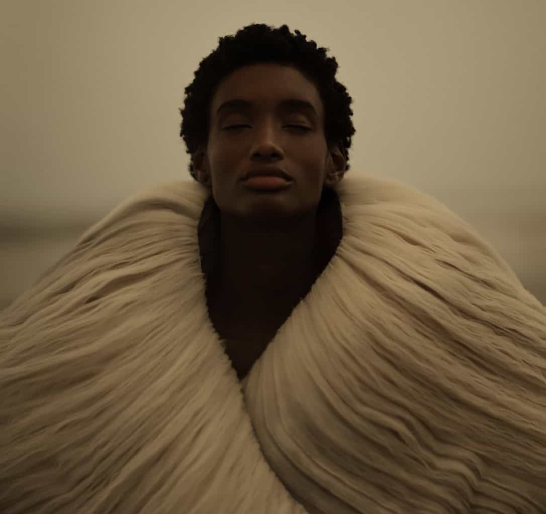 Elegante ensaio de moda com modelo usando capa de pelúcia bege, destacando sofisticação e estilo em fotos de alta qualidade para catálogo de moda e moda inverno.