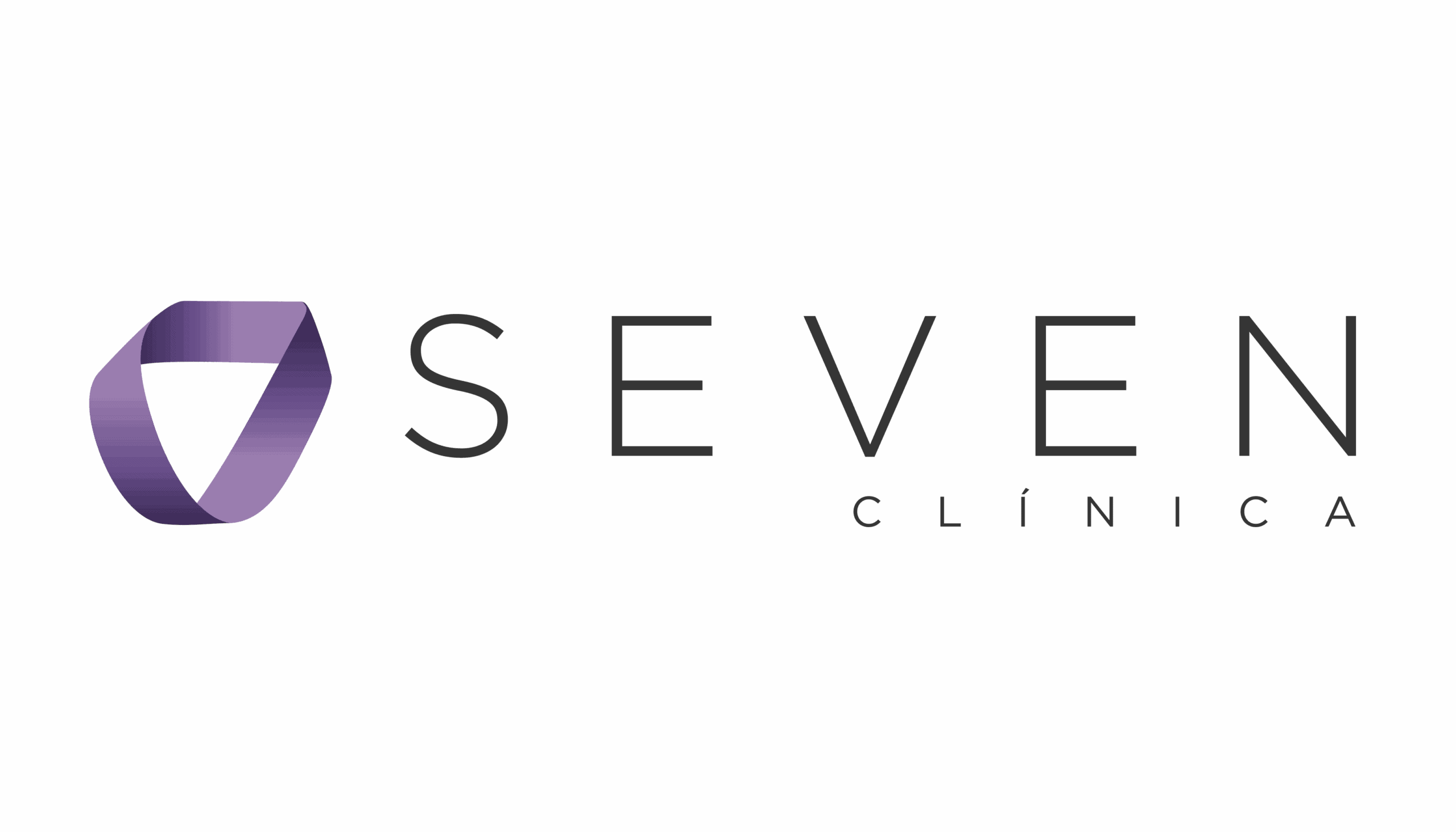 Design de logo de clínica de estética e saúde, destaque para a marca Seven Clínica, com símbolo tridimensional em tons de roxo.