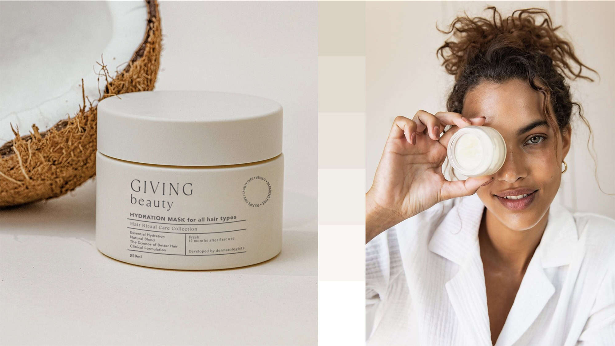 Hidratador capilar vegano e cruelty-free com embalagem minimalista e elegante, ideal para promover hidratação e saúde dos cabelos. Produto natural, livre de crueldade, perfeito para cuidados diários de beleza capilar.