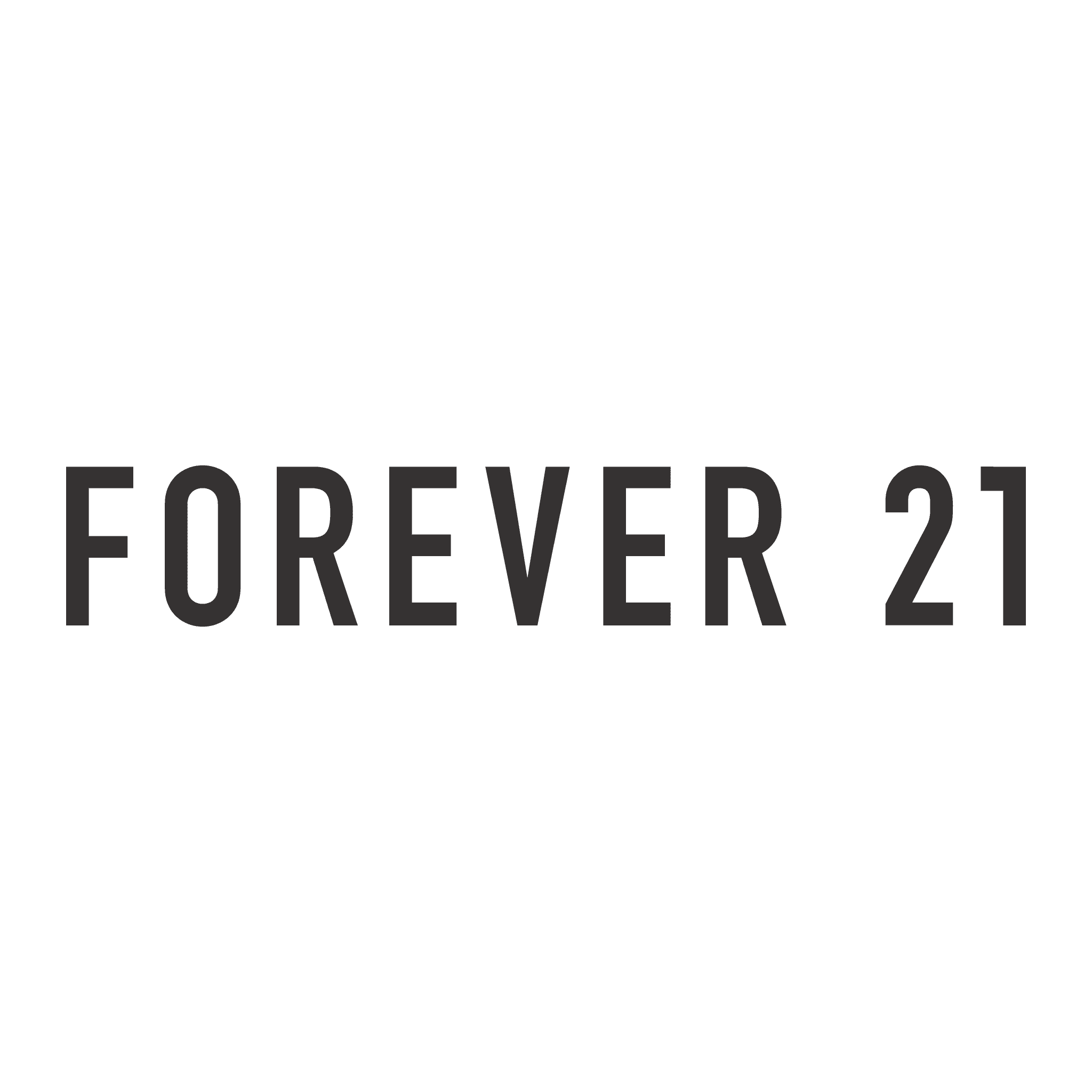 Fotografia de um logotipo da Forever 21 em fundo verde escuro, destacando a marca de moda jovem e acessível.