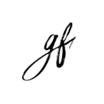 1. Logotipo minimalista com letras "gf" em estilo manuscrito preto, ideal para marcas de moda, design e beleza.