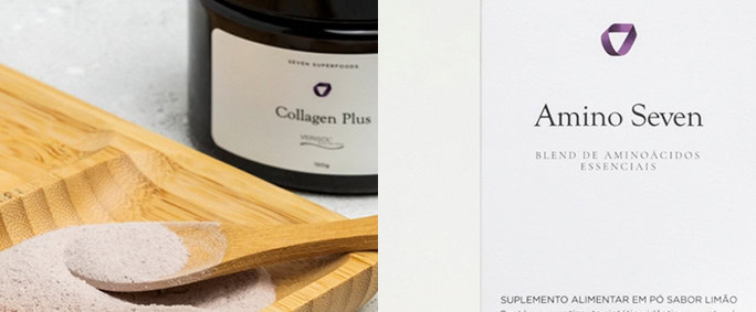 Suplemento de pó com aminoácidos essenciais, Collagen Plus, em embalagem moderna, apresentado com colher para uso, ideal para quem busca saúde e beleza de forma natural.